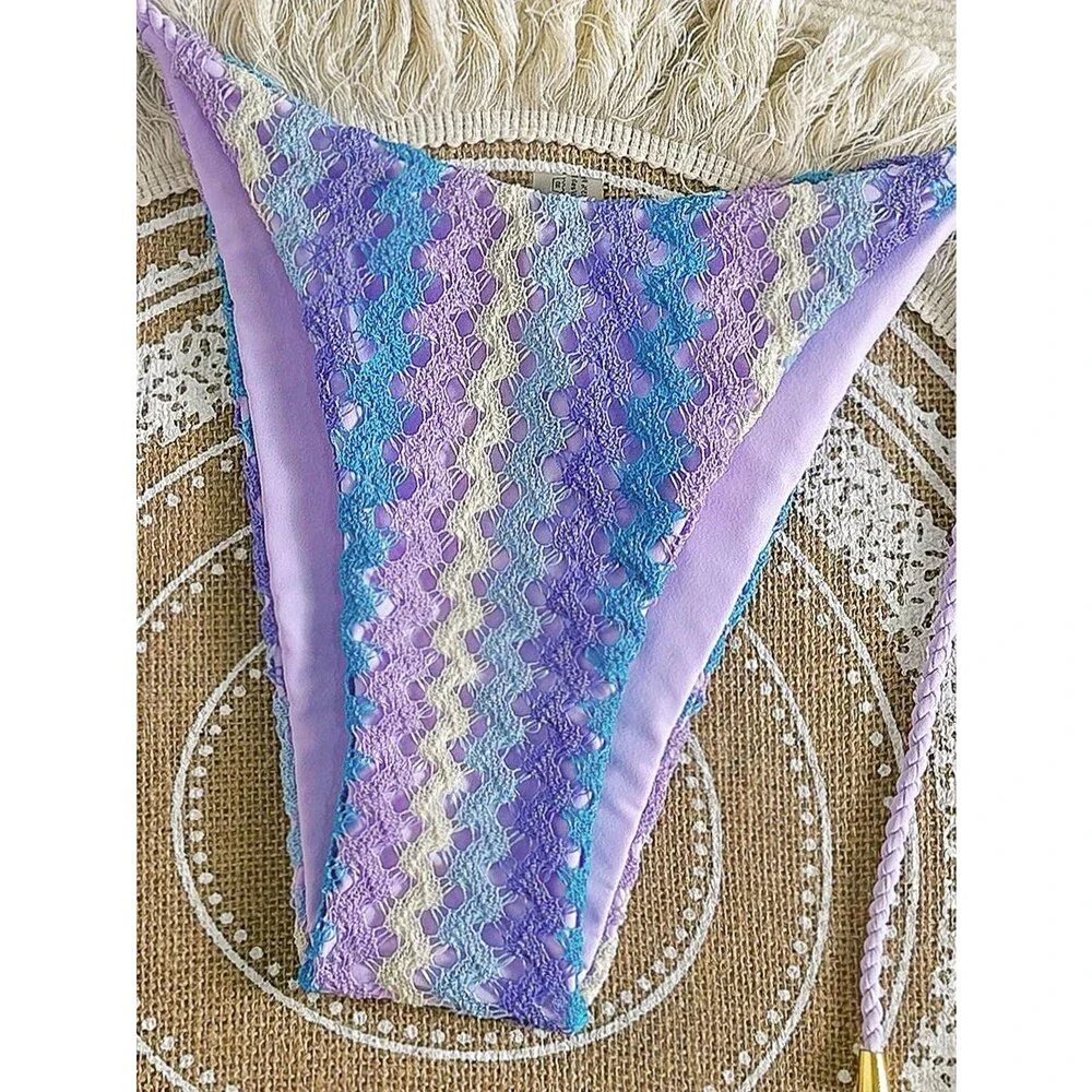 ZAFUL Women's Purple 2 Piece Triangle Bikini Knitted Rope Halter Sets Sexy S